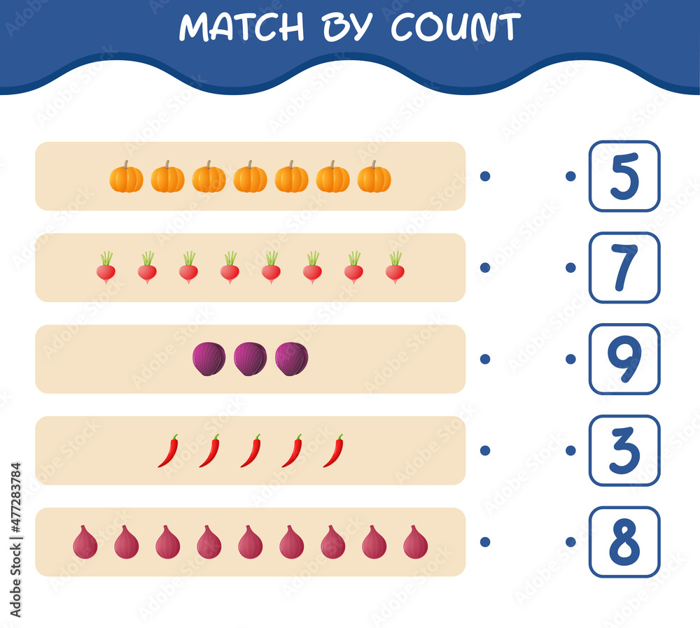 Match by count of cartoon vegetables. Match and count game. Educational game for pre shool years kids and toddlers