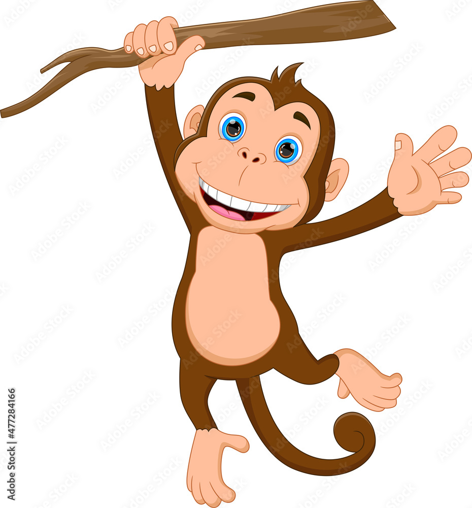 Obraz premium cute monkey hanging on the tree and waving
