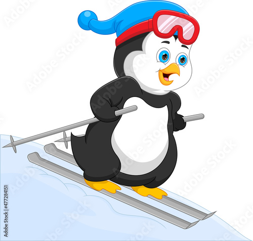 cartoon penguin skiing isolated on white background