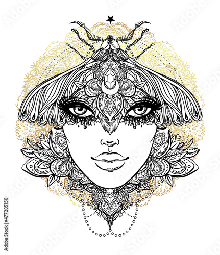 Weird beautiful moth on an girl face. Ornate decorated butterfly wings for ey...
