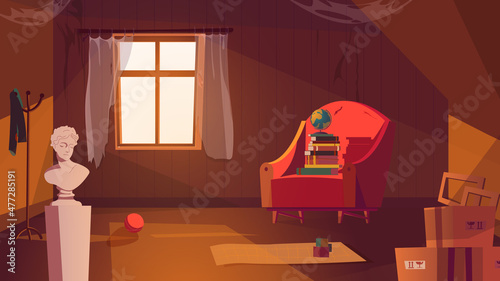 Attic room interior concept in flat cartoon design. Abandoned apartment with window, spider web at walls, old armchair, books, carton boxes, statue and other things. Vector illustration background