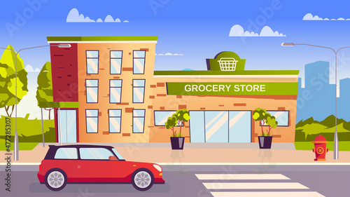 Fototapeta Naklejka Na Ścianę i Meble -  Grocery store concept in flat cartoon design. Building of shop with storefront is on street, car is driving along road. Shopping food in supermarket modern cityscape. Vector illustration background