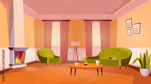 Living room interior concept in flat cartoon design. Cozy room with furniture and decor. Apartment with sofa  armchair  fireplace  coffee table  house plant  windows. Vector illustration background