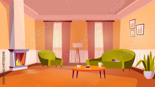 Living room interior concept in flat cartoon design. Cozy room with furniture and decor. Apartment with sofa, armchair, fireplace, coffee table, house plant, windows. Vector illustration background