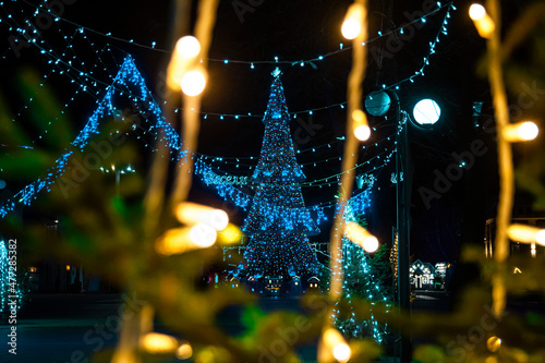 Colorful lights in Burgas city centre.Lights and decorations for Christmas.Translation on the signs are: Happy Holidays.