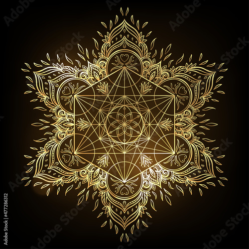 Decorative mandala round pattern with sacred geometry element Metatron Cube, ...