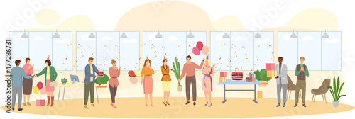 Birthday party in office flat vector illustration. Workers organize holiday, congratulate boss. Interaction, entertainment at workplace. Business team giving gifts balloonns and cake to colleague