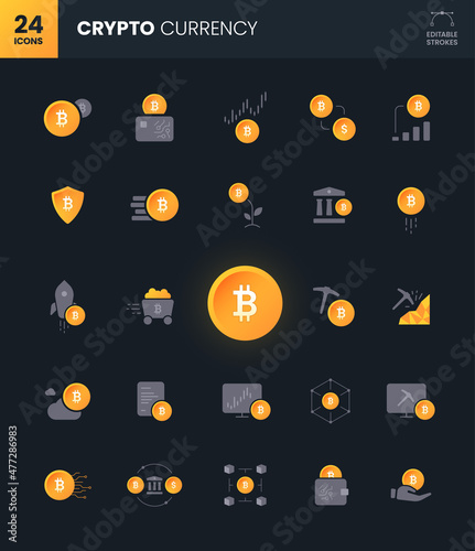 Bitcoin icon set with editable strokes. 24 crypto currency icons.