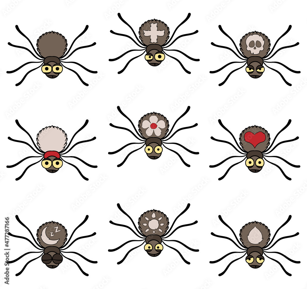 Funny cartoon spiders with various Emotions. A set of vector Spiders isolated on a white background. Funny cartoon spiders with various Emotions. A set of vector Spiders isolated on a white background.