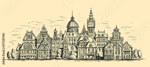 Town old houses. Hand drawn cityscape sketch vintage illustration