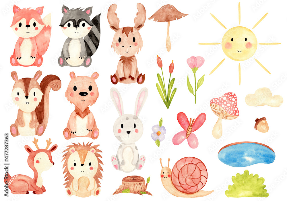 set of animals forest watercolor 