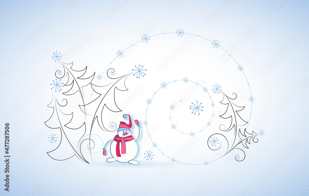 Snowman. Snow spiral. Winter card with funny character and decorative fir trees. Linear style. Design for New Year greetings banner, poster. Vector illustration. Snowman. Snow spiral. Winter card with funny character and decorative fir trees. Linear style. Design for New Year greetings banner, poster. Vector illustration.
