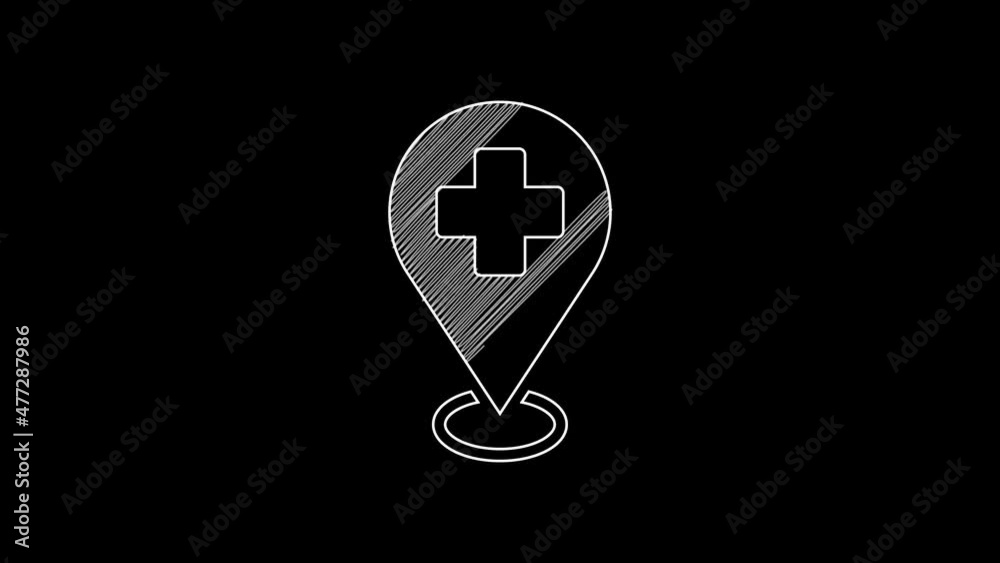 White line Medical map pointer with cross hospital icon isolated on black background. 4K Video motion graphic animation White line Medical map pointer with cross hospital icon isolated on black background. 4K Video motion graphic animation