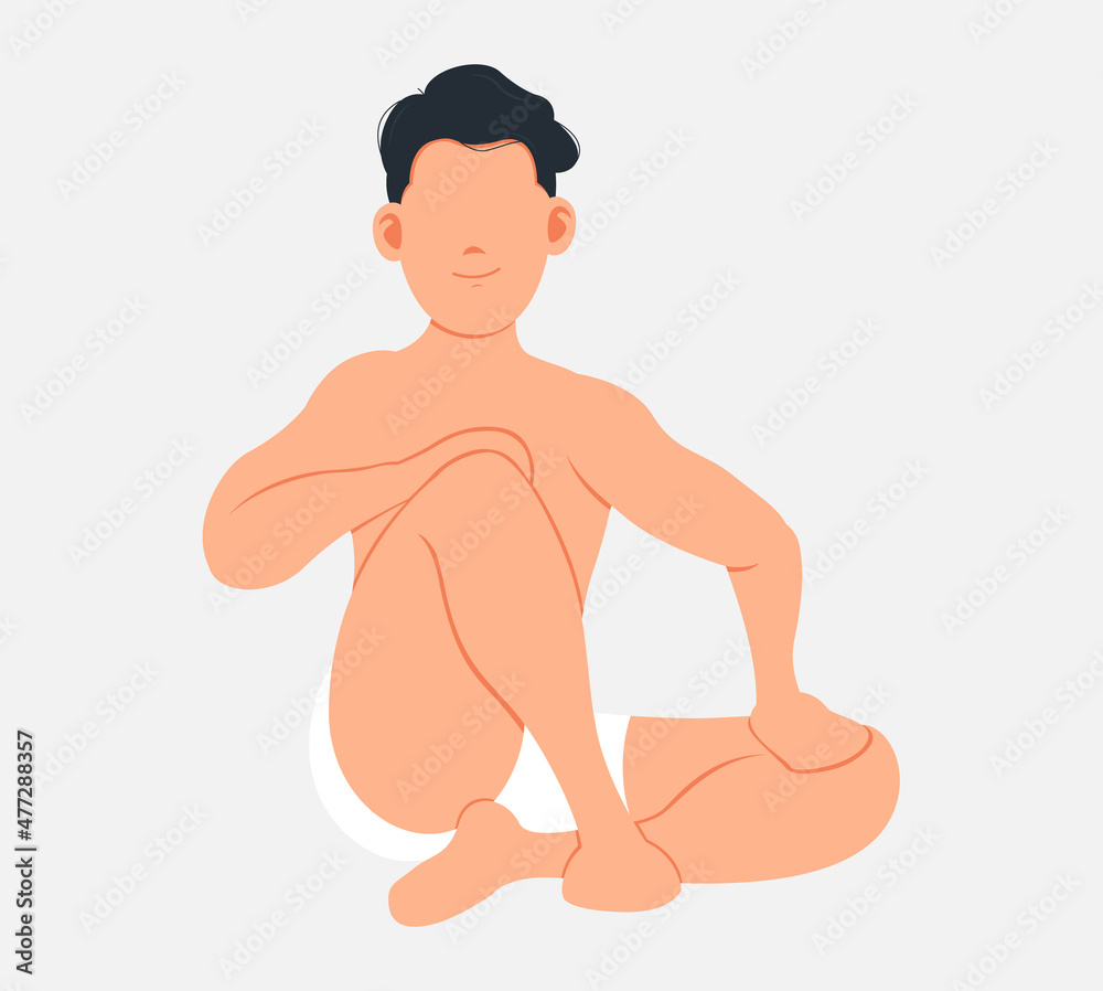 Naked man sitting isolated on white. Flat illustration in cartoon style with young male character sitting cross legged, meditaing and relaxing. Cute sporty dark-haired guy in sauna or bathroom Naked man sitting isolated on white. Flat illustration in cartoon style with young male character sitting cross legged, meditaing and relaxing. Cute sporty dark-haired guy in sauna or bathroom