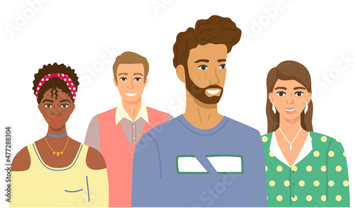 Multiethnic group of people standing together community and togetherness concept, diversity portrait. Characters men and women isolated on white. Crowd community. Social diversity friends or relatives