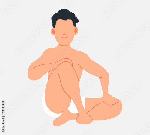 Naked man sitting isolated on white. Flat illustration in cartoon style with young male character sitting cross legged, meditaing and relaxing. Cute sporty dark-haired guy in sauna or bathroom