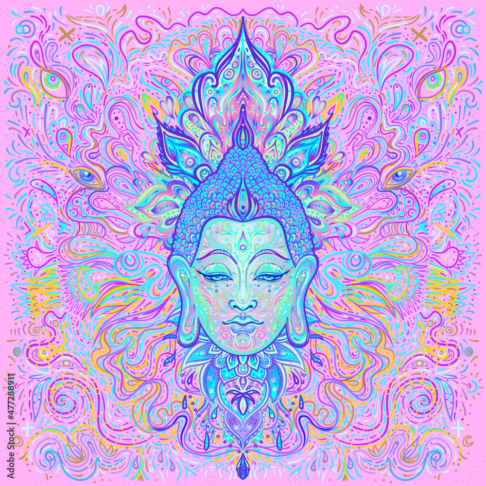 Ornate mandala patterned face of Lord Buddha. Esoteric vintage vector illustration. Indian, Buddhism, spiritual art. Hippie tattoo, spirituality, Thai god, yoga mat design.