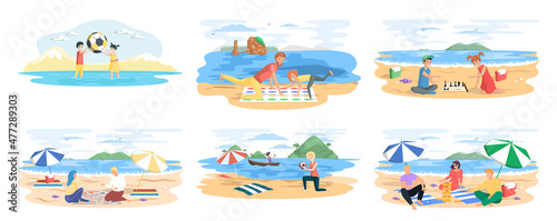 People playing board game together outdoor. Friends sitting on beach enjoying summer vacations scenes set, sunbathing and playing on sandy shore near water, summer fun. Friends on weekend together