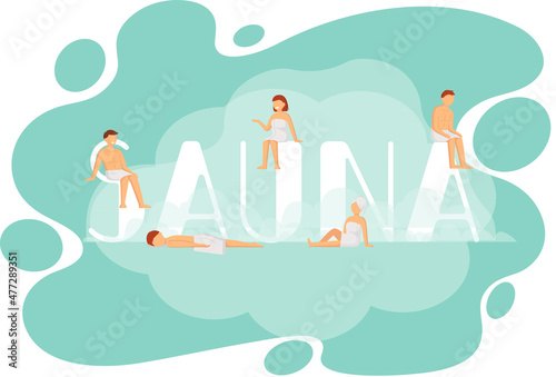 Sauna and steam room. Set of people in sauna. People relax and steam with birch brooms in traditional russian stove for female and male. Finnish bathhouse. Public sauna, Friends in spa resort