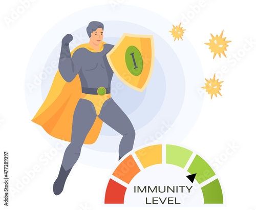 Man in super man costume and circular spectrum of level of immunity. Power of imunity to fight disease isolated vector. Battle winner superhero as symbol of human health. Hero demonstrates his power