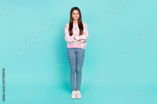 Photo of sweet adorable school girl dressed prink pullover arms crossed smiling isolated teal color background