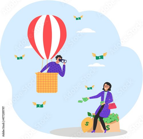 Rich and poor people Man in hot air balloon looks at rich woman with envy and flying banknotes, successful businesswoman millionaire with money bag. Richness and poverty concept. Social distance