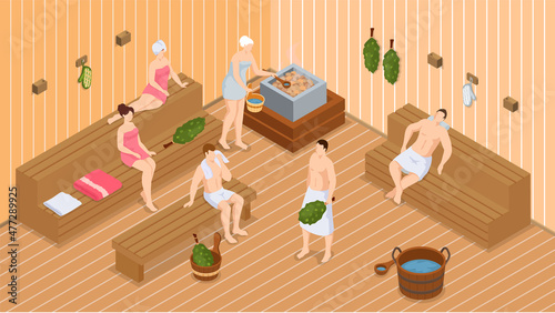 Sauna and steam room. Set of people in sauna. People relax and steam with birch brooms in traditional russian stove for female and male. Finnish bathhouse. Public sauna, Friends in spa resort