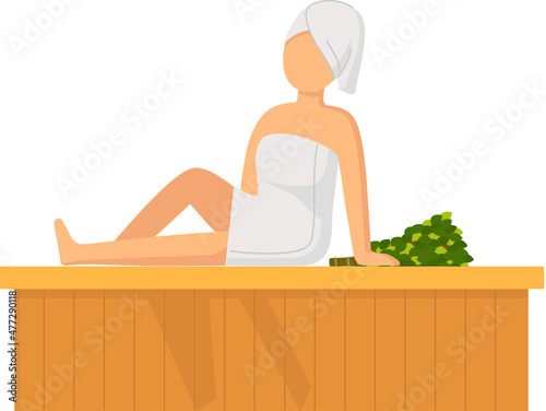 Woman wearing bath towel sits on wooden bench at hot steam sauna. Relaxing and wellness in finnish, russian bath or spa center. Warm therapy female hot steam in sauna bathing character in bathhouse