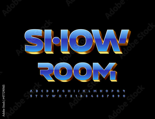 Vector chic Sign Showroom. Luxury Blue and Golden Font. Artistic Alphabet Letters and Numbers set