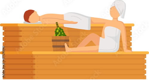 Cartoon people characters taking steam bath together. Flat vector illustration. Woman and man enjoying baths and steam, hammam with sauna whisk. Relax, health, bathhouse concept, wellness procedure