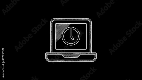 White line Laptop time icon isolated on black background. Computer notebook with empty screen sign. 4K Video motion graphic animation