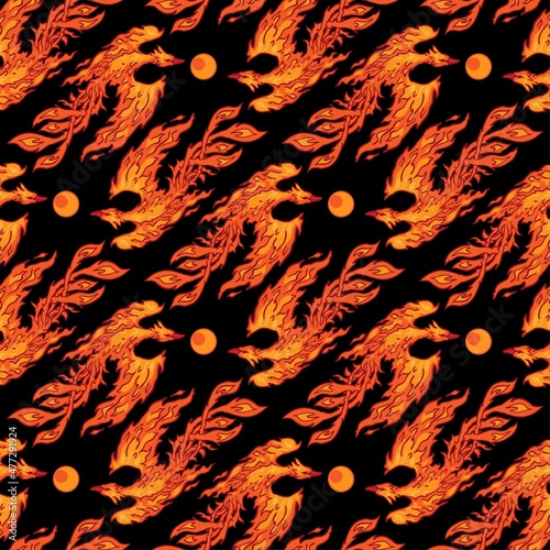 Phoenix seamless pattern on black background vector illustration