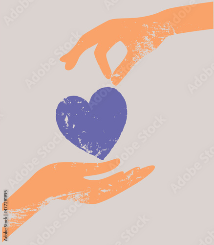 Abstract design. Minimalistic boho-style heart symbols. Vector illustration. The hands transmit the heart.