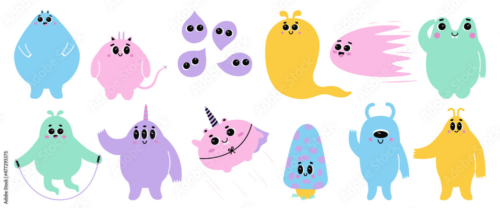 Set of cute monsters with happy face emotions. Bizzare kind characters in flat style. Adorable childish creatures in pastel colors. Hand drawn comic beasts isolated on white background - obrazy, fototapety, plakaty 