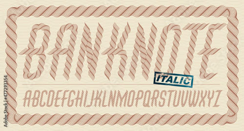 Set of vector italic condensed  capital alphabet letters isolated created using guilloche ornate, decorate waves. For use as bank notes or bonds design.