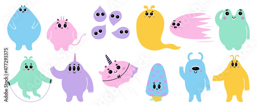 Set of cute monsters with happy face emotions. Bizzare kind characters in flat style. Adorable childish creatures in pastel colors. Hand drawn comic beasts isolated on white background