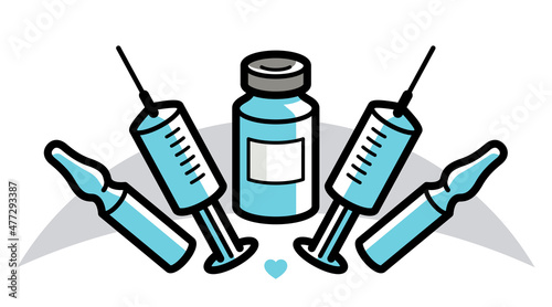 Vaccination theme vector illustration of a syringe with ampules and vial isolated over white, epidemic or pandemic coronavirus covid 19 or flu or SARS or any other vaccine, pharmacology concept.