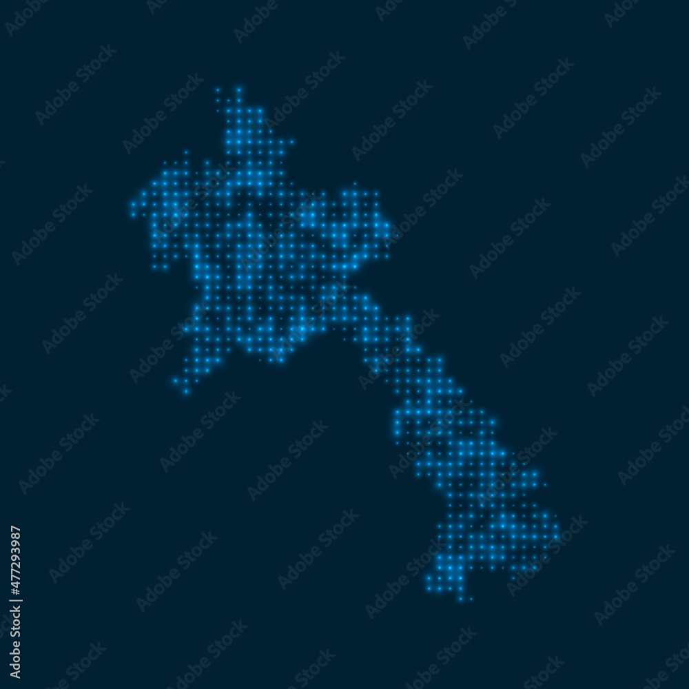 Laos dotted glowing map. Shape of the country with blue bright bulbs. Vector illustration.