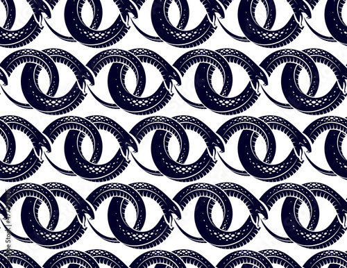 Repeat snakes seamless vector pattern, tiling endless background with venom reptiles in vintage style, subculture rock n roll and hard rock theme.