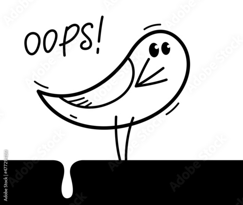 Little cute bird poo humorous cartoon flat vector illustration isolated on white, failure and shame funny concept.