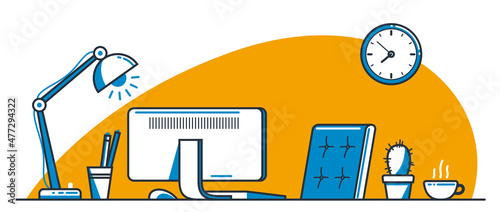 Place of work office table desk vector flat illustration isolated over white, work from home comfortable work space concept, empty chair nobody vacant job concept.