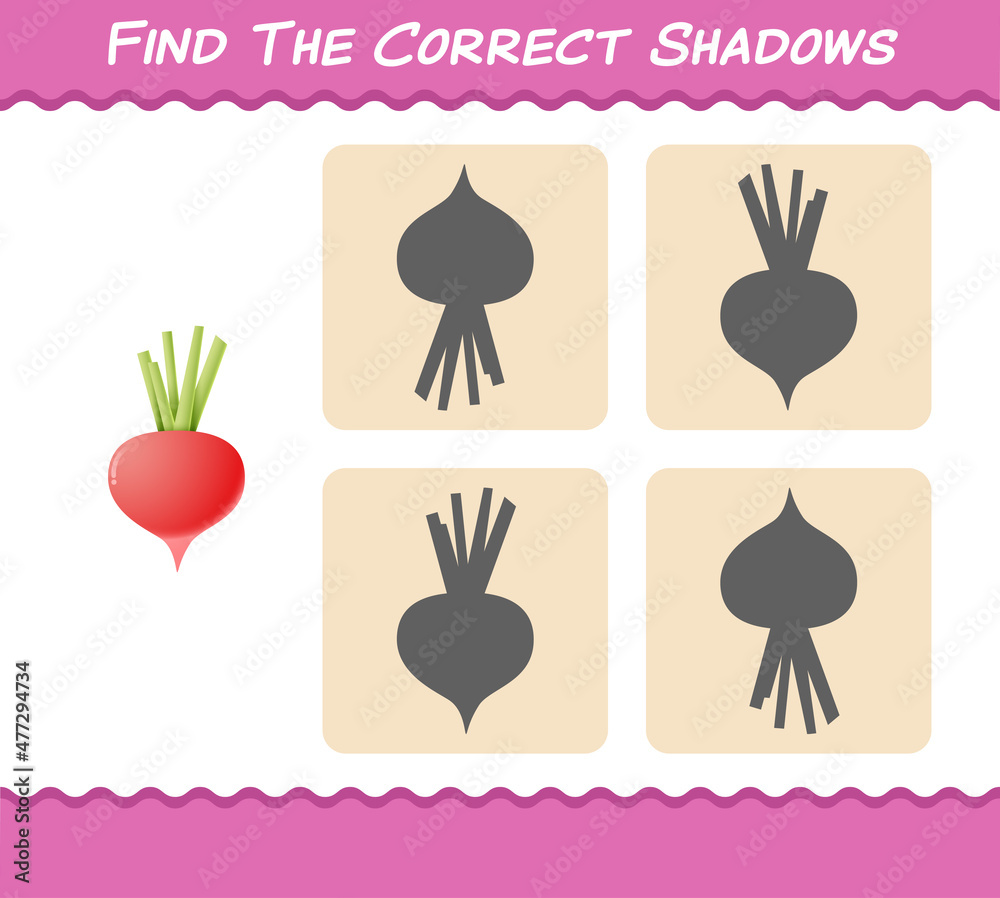 Find the correct shadows of cartoon radish. Searching and Matching game. Educational game for pre shool years kids and toddlers