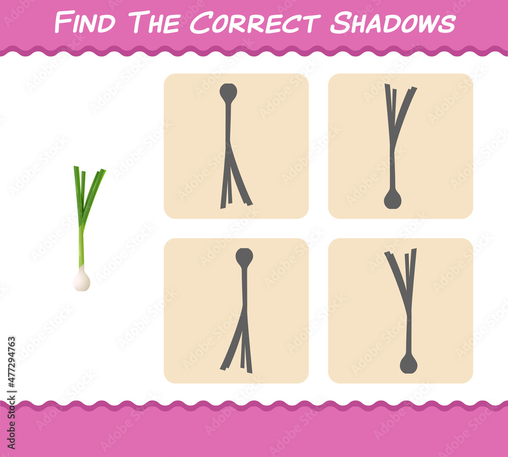 Find the correct shadows of cartoon spring onion. Searching and Matching game. Educational game for pre shool years kids and toddlers