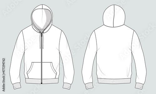 Long sleeve hoodie with Zipper technical fashion Drawing sketch template front and back view. apparel dress design vector illustration mock up jacket CAD. Easy edit and customizable. 