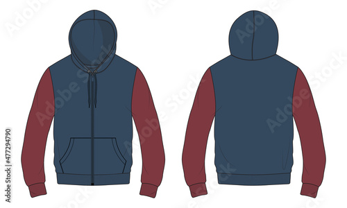 Long sleeve two tone Red, Navy Color Hoodie technical fashion Flat sketch Vector template. Apparel dress design vector Drawing mock up jacket CAD. Cotton fleece jersey Hoodie Clothing design.