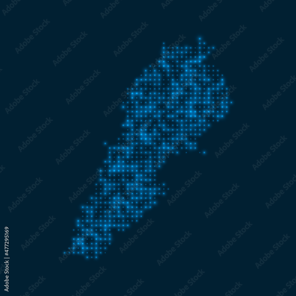 Lebanon dotted glowing map. Shape of the country with blue bright bulbs. Vector illustration.