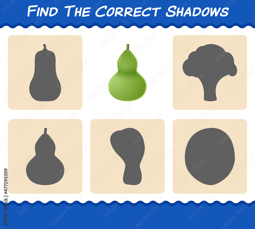Find the correct shadows of cartoon calabash. Searching and Matching game. Educational game for pre shool years kids and toddlers