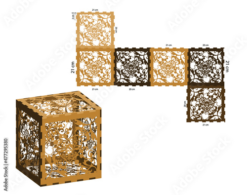 Heart detailed box. Ethnic decorative elements. Box laser cut template. Jewellery box digital template vector laser files. Laser pattern vector files for laser cut. Gift box template.