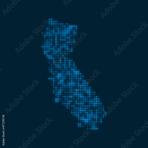 California dotted glowing map. Shape of the US state with blue bright bulbs. Vector illustration.