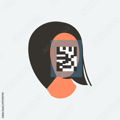 Woman's face with QR code of the Covid vaccine or digital vaccination certificate. Portrait of faceless woman with qrcode. Vaccinated person show digital health passport. Flat vector illustration